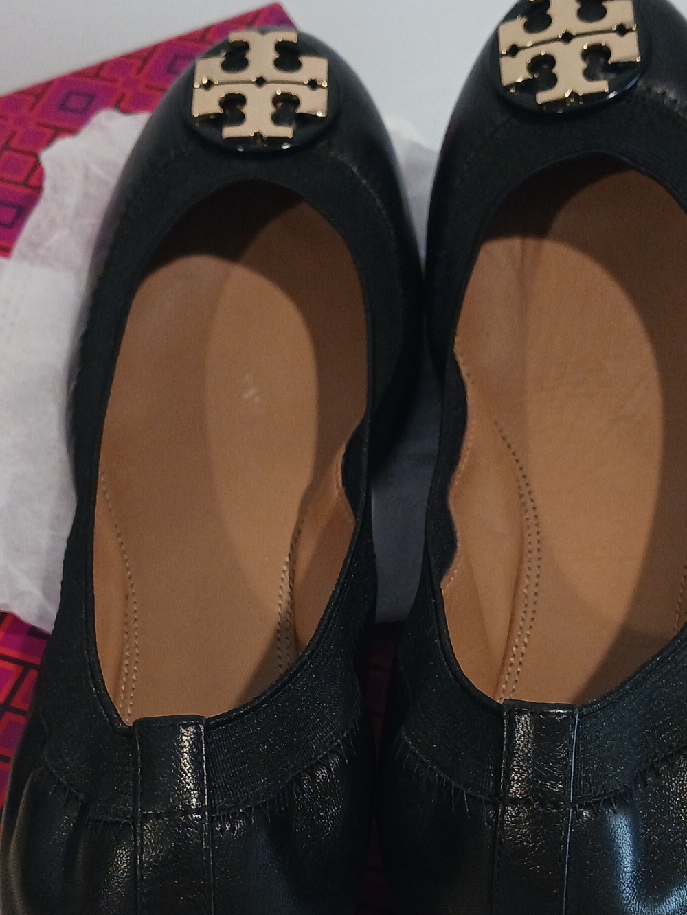 Tory Burch Black Leather Logo Ballet Flats with Gold Emblem